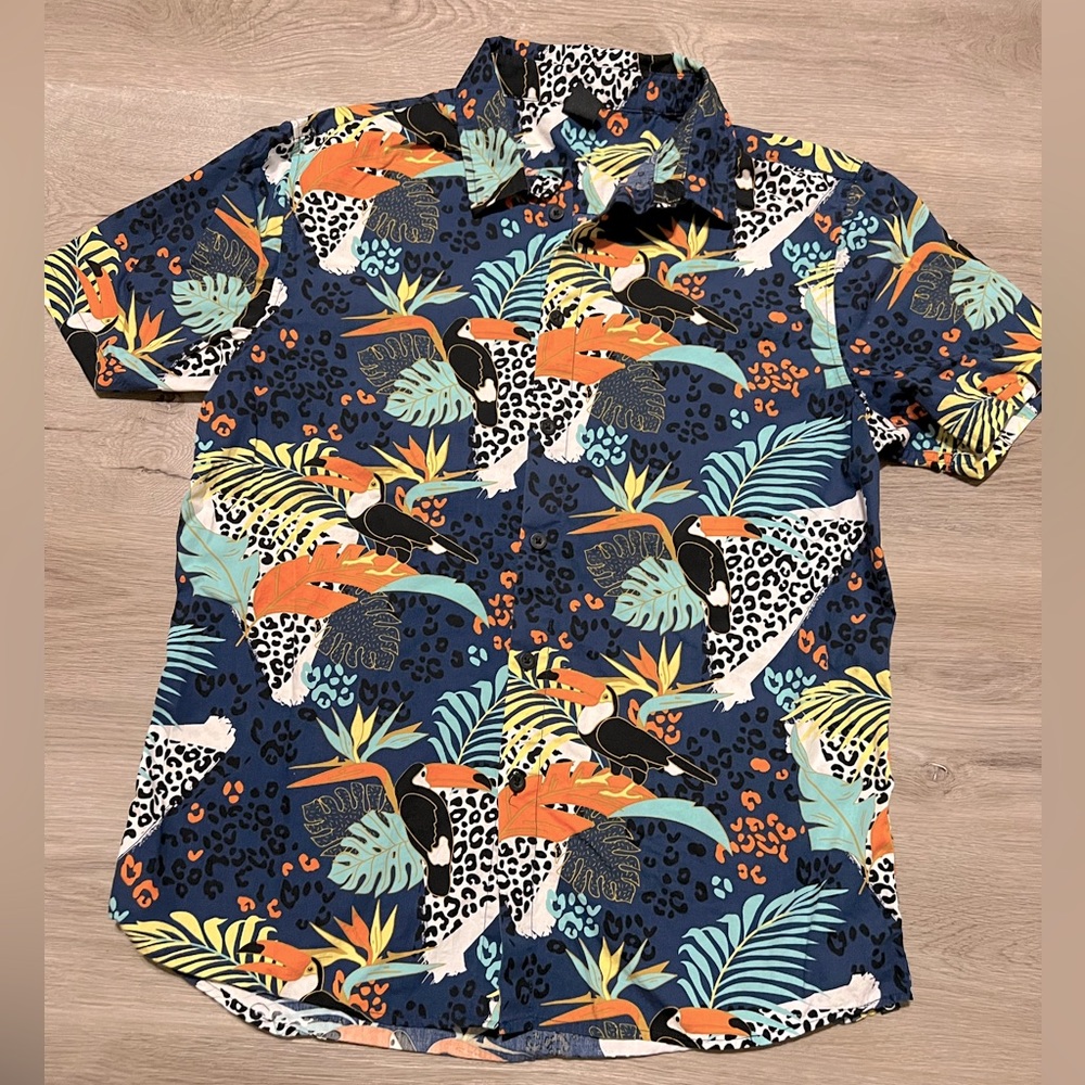 NEFF Men’s Summer Button Down Cheetah Toucan Collar Shirt Hawaiian Large